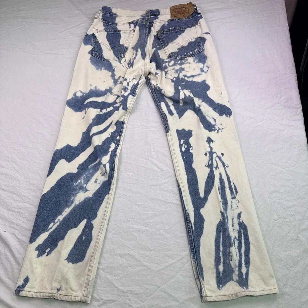 Vintage Levi 501 Jeans, Usa Made Custom Bleach Tie-Dye 3432 Rear Zip 100% Cotton